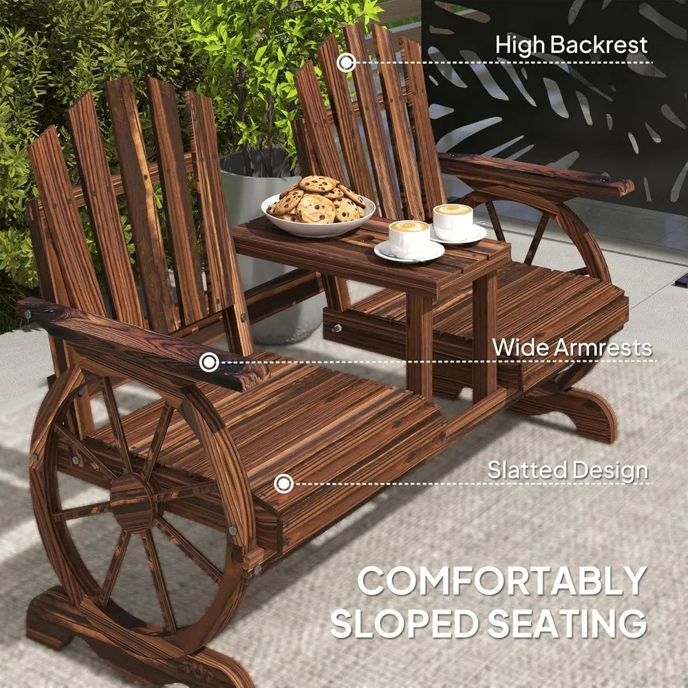 Wooden Garden Bench with Table and Umbrella Hole 2-Seat Wagon Wheel Outdoor Bench with Slatted Seat High Backrest and Armrests