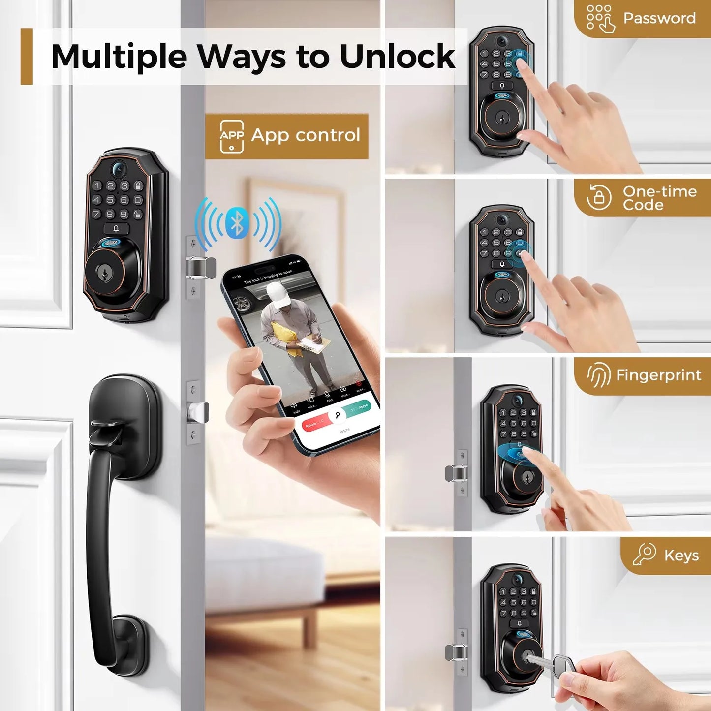 ARPHA Smart Lock D289H Smart WiFi Keyless Door Lock with Camera 5 in 1 Camera Fingerprint Entry App-Controlled Auto-Lock System
