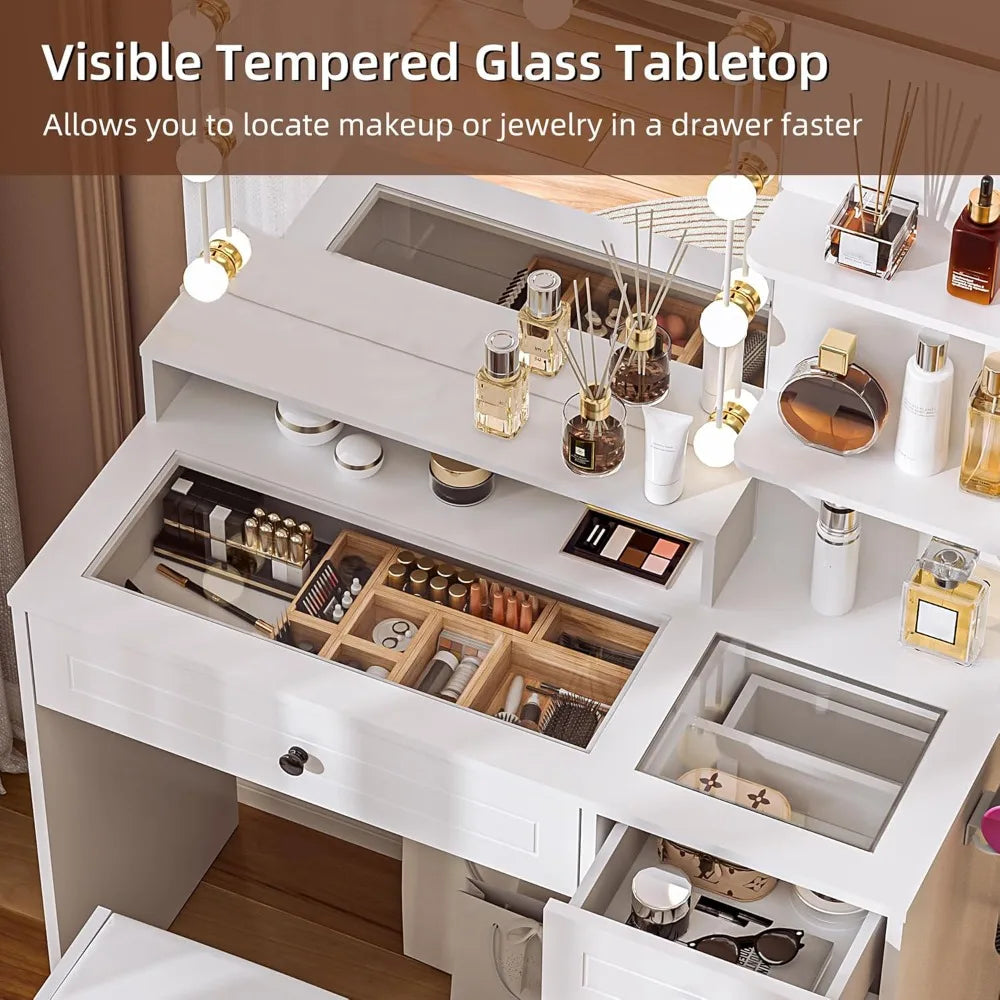 Makeup Vanity Desk with Mirror and Lights White Vanity Set with Drawers and Stool Modern Dressing Table with Glass Top