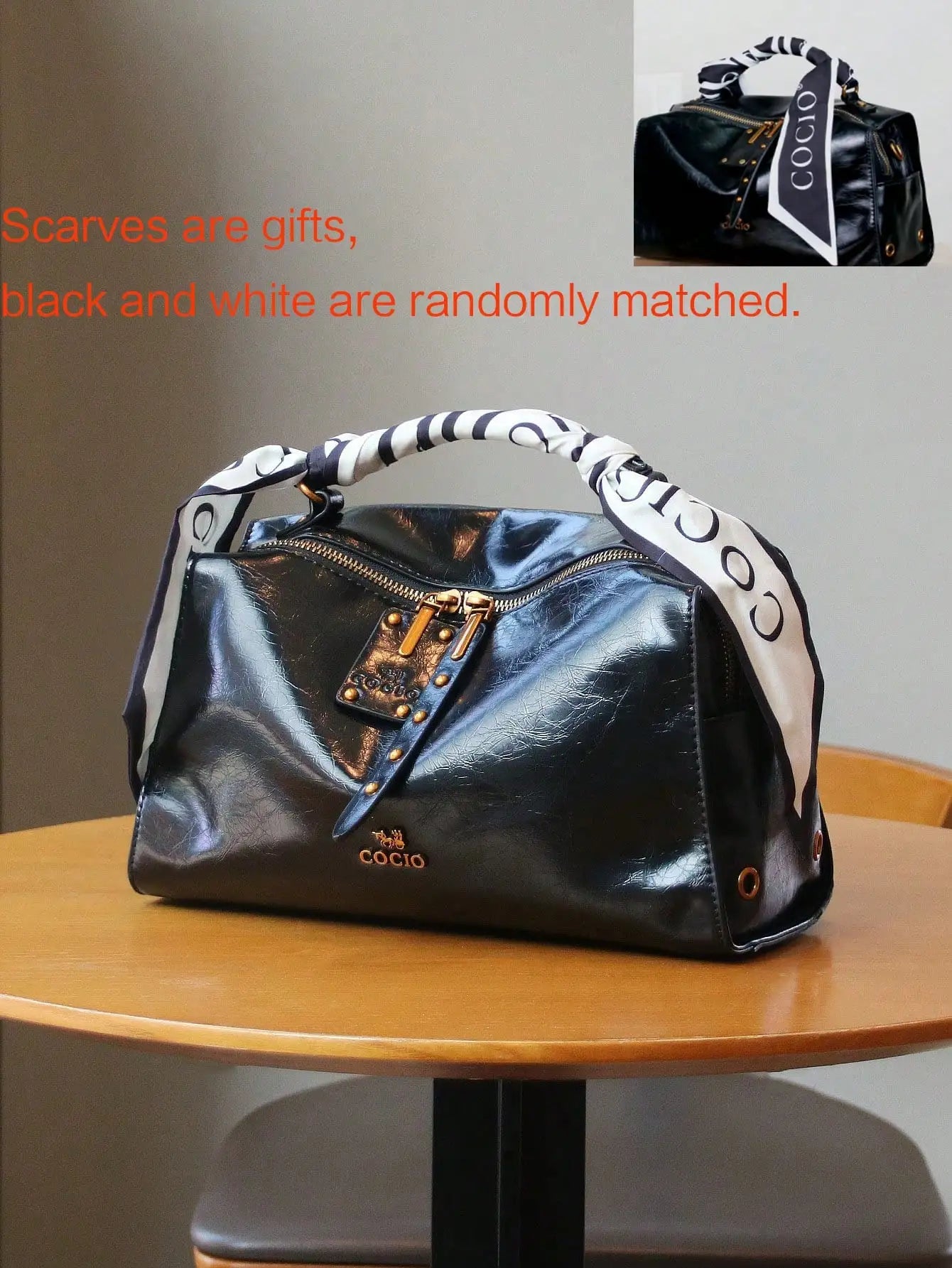 Luxury Oiled Leather Boston Bag, Fashionable  Large Capacity Tote Shoulder Bag, Comes With A Random Silk Scarf (Black Or White)