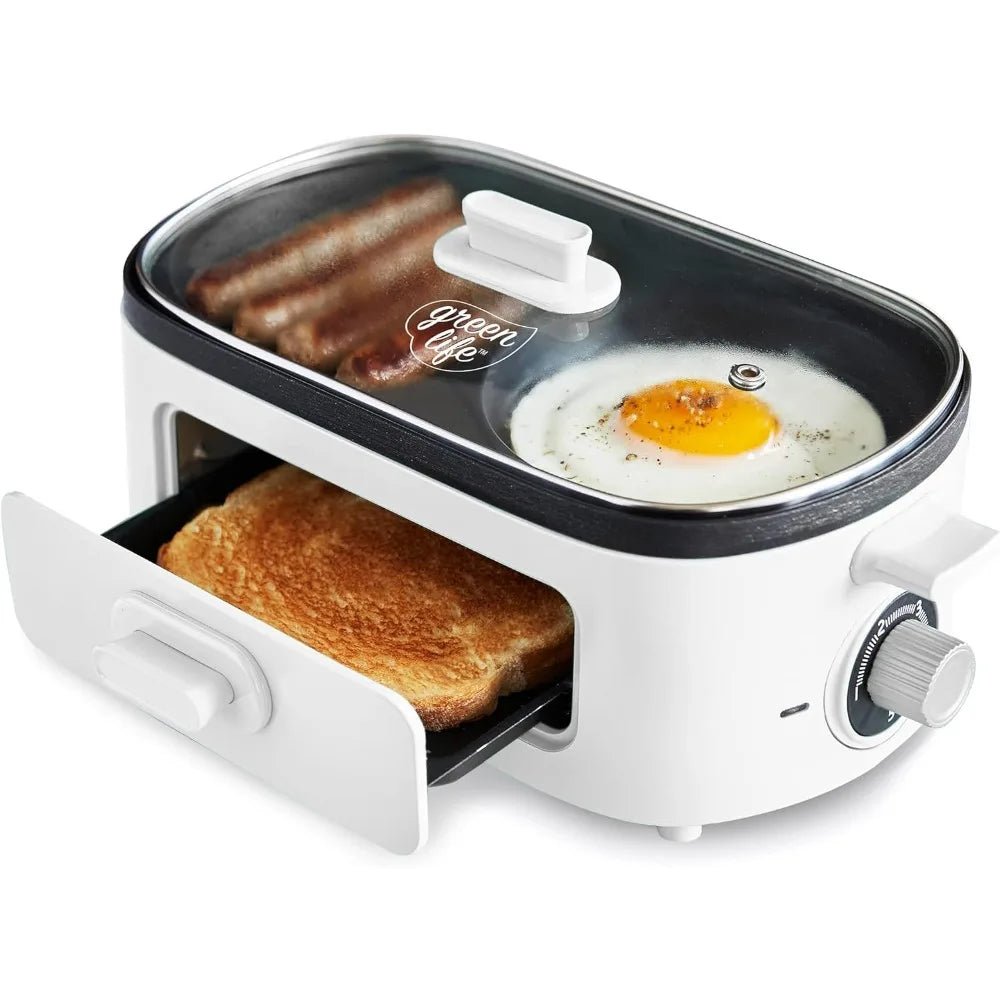 3 In 1 Breakfast Maker Station Healthy Ceramic Nonstick Dual Griddles For Eggs Meat Sausage Bacon Pancakes And Breakfast