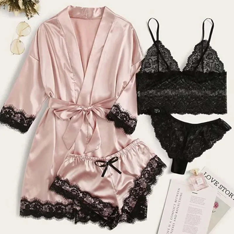 4 Pieces Women's Sleepwear Pajamas Set with Robe Sexy Lace Lingerie Bathrobe Silk Satin Home Nightwear Robe