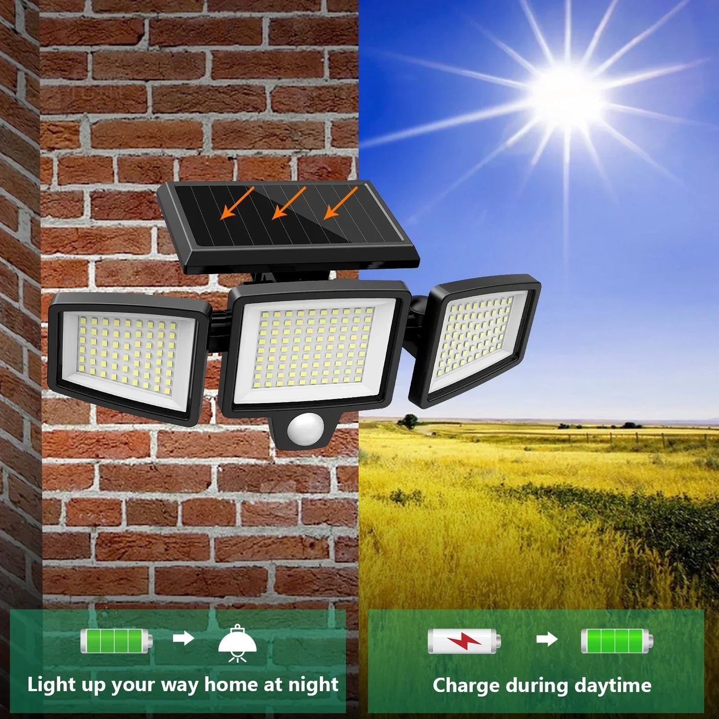 SZRSTH 3 Head Solar Motion Sensor Security Light Remote