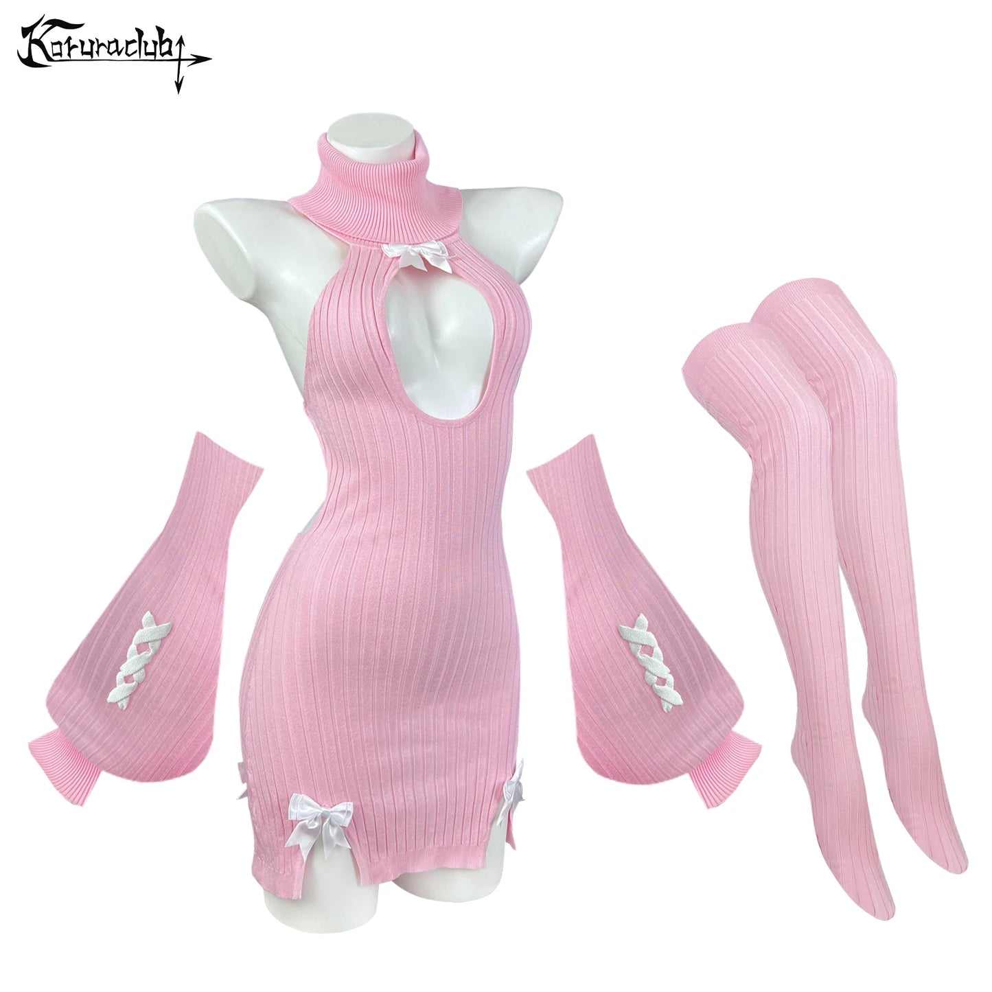 KORURACLUB autumn and winter Bowknot Sexy Black Knitted dress stockings Pink straps Backless Soft girl Turtleneck sweater