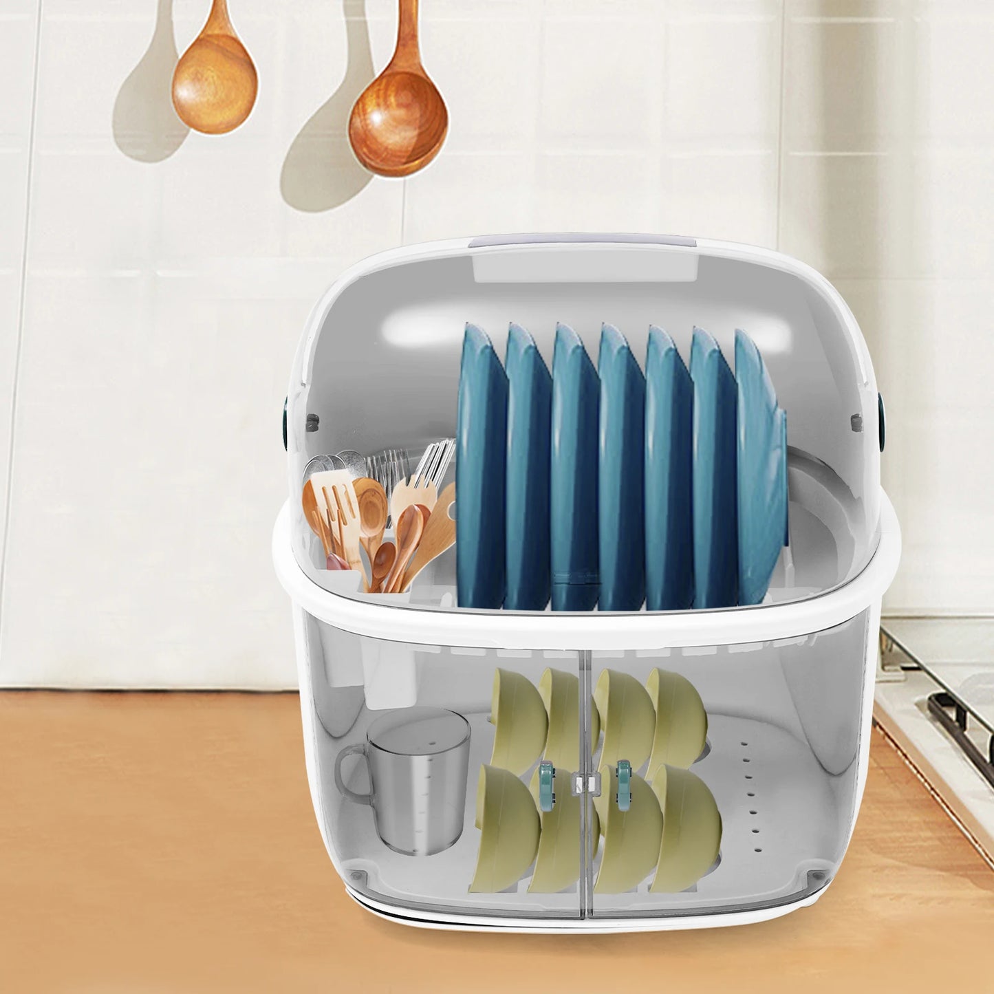 2 Tier Plastic Drying Rack with Clear Dust Cover for Kitchen Dish Drying Countertop Storage Shelf 37x28x44cm