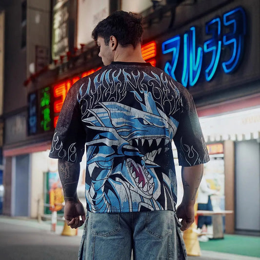 YA Trendy Brand Oversized T Shirt Street Leisure Quick Drying Breathable Large Mesh Animation Graphic Tee Short Sleeve Top