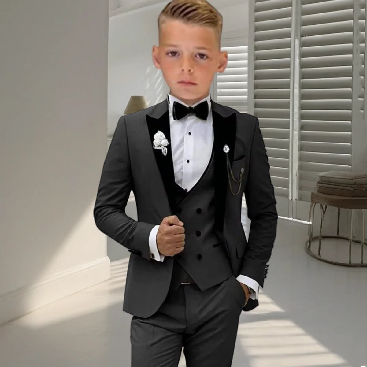 Velvet Collar Suit Set for Kids Ages 3 to 14 Years Three-Piece Wedding Suits for Boys Tuxedo Blazer Vest Pants Set