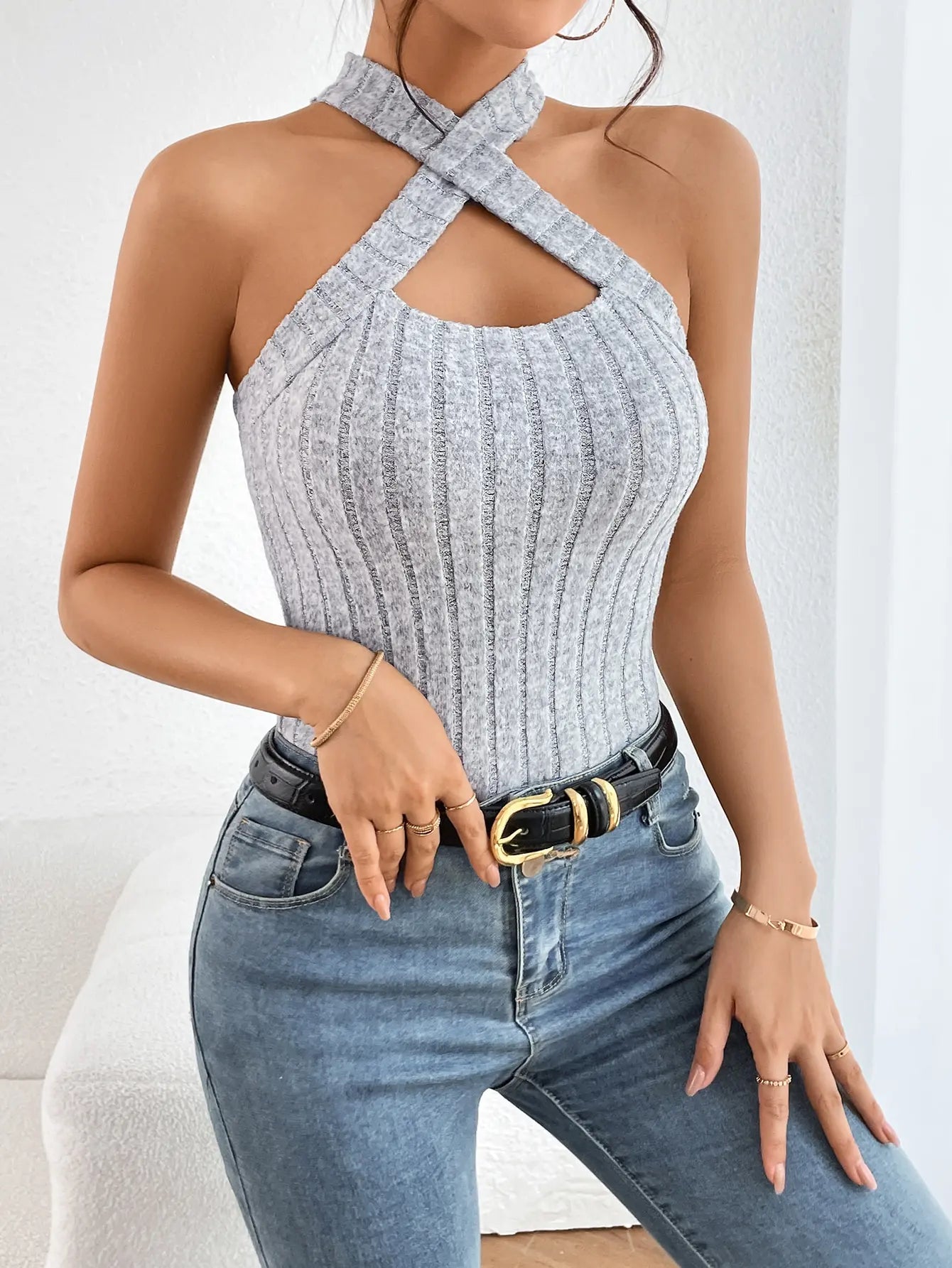 Women's Knitted Halter Top with Cross Straps and Cutout Detail