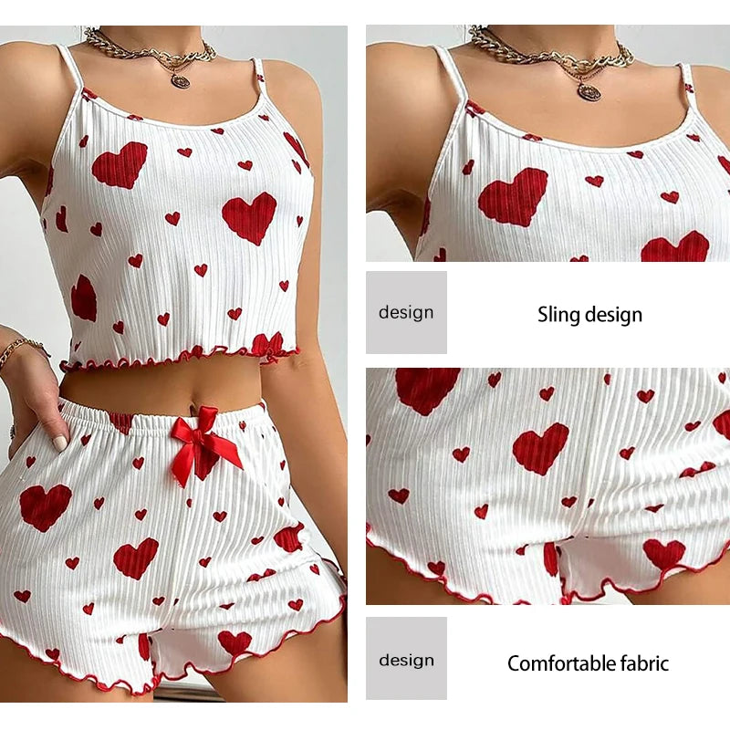 Women's 2 Piece Pajama Set Casual Sleepwear Short Tank Tops and Shorts White Soft Ventilate Love Print S M L