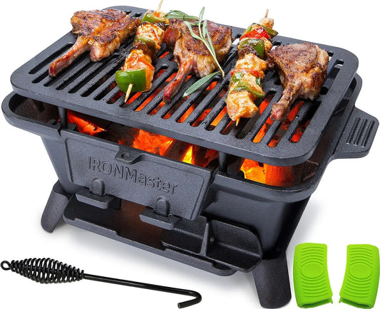 Hibachi Grill Outdoor Small Portable Charcoal Grill 100 Percent Pre Seasoned Cast Iron Japanese Yakitori Camping Grill Two Heights