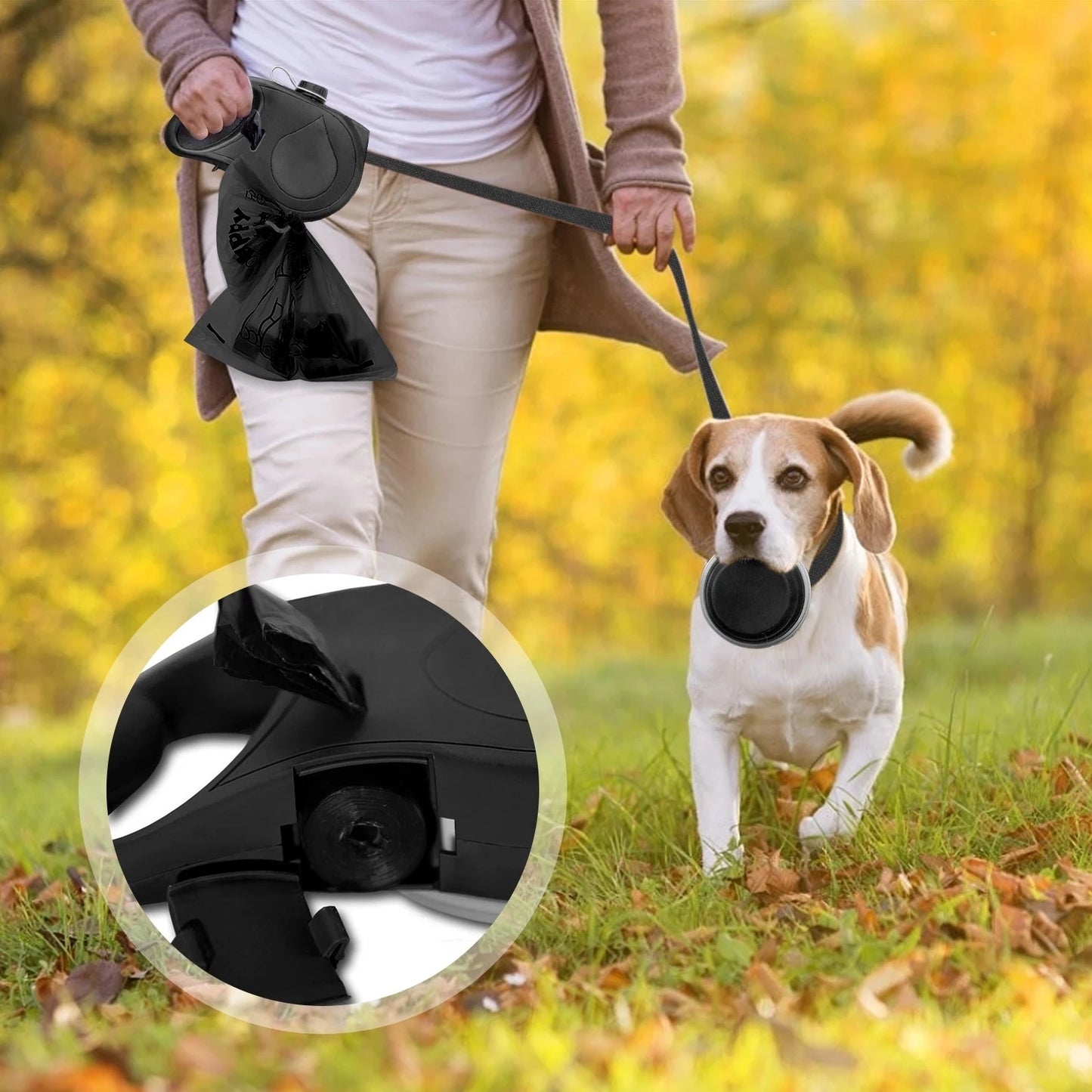 Multifunction Pet Dog Leash with Built In Water Bottle Bowl and Waste Bag Dispenser for Outdoor Walking Pet Accessories