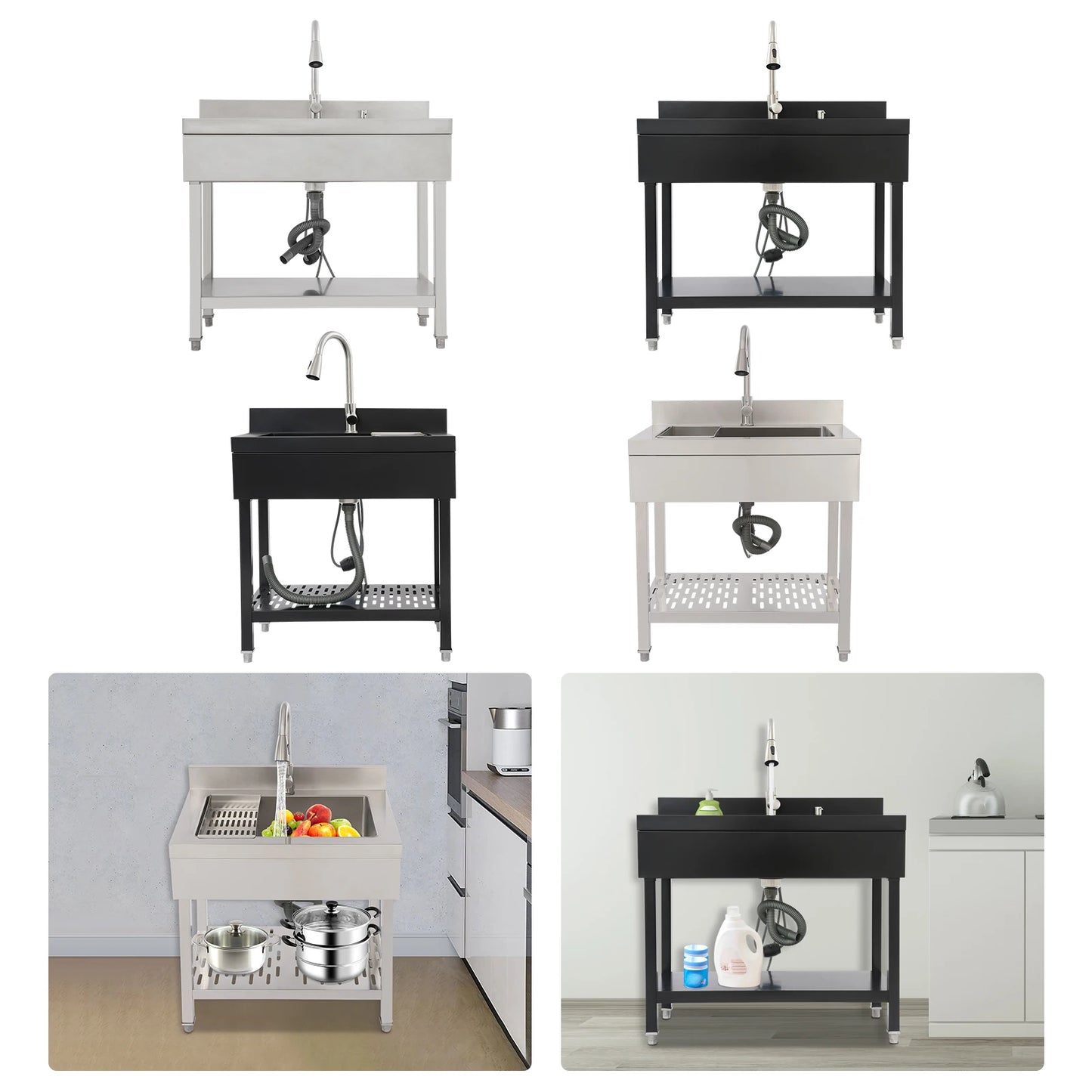 Freestanding 75*42cm/55*36cm Stainless Steel Utility Sink, Laundry&Utility Room Sinks, Rectangular Single Bowl Black/Silver