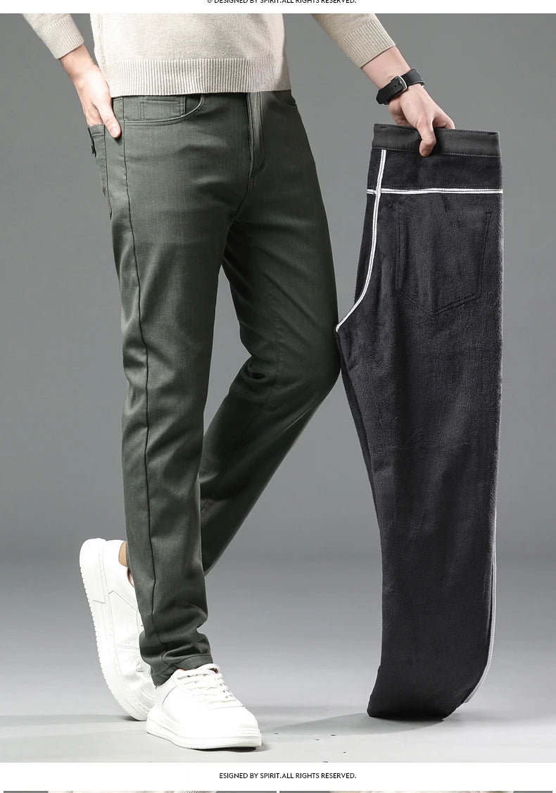 Winter New 2025 Fleece Pants Men's Thick Slim Elastic Business Casual Velvet Pants Warm Fashion Solid Color Plush Trousers Male