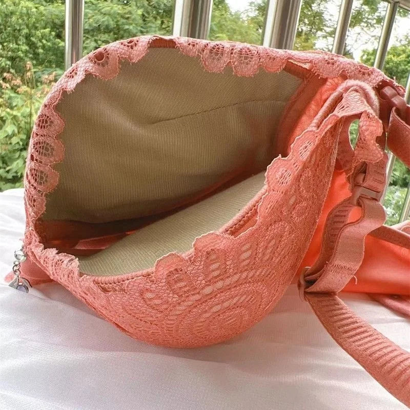 Small Thick Padded Bra for Flat Chest with Lace Decoration and Back Closure