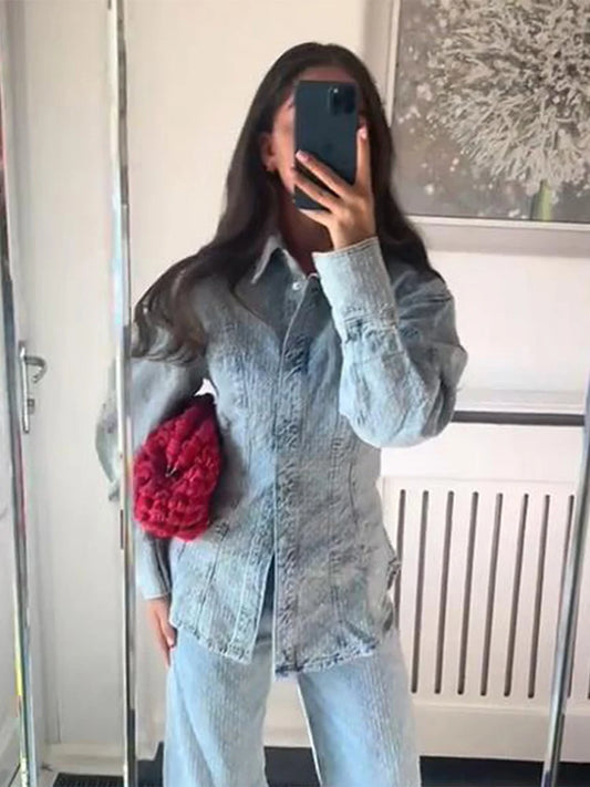 Vintage Women's Distressed Denim Suit Set Light Washed Blue Waist Tighing Jacket High Waist Wide Leg Jeans
