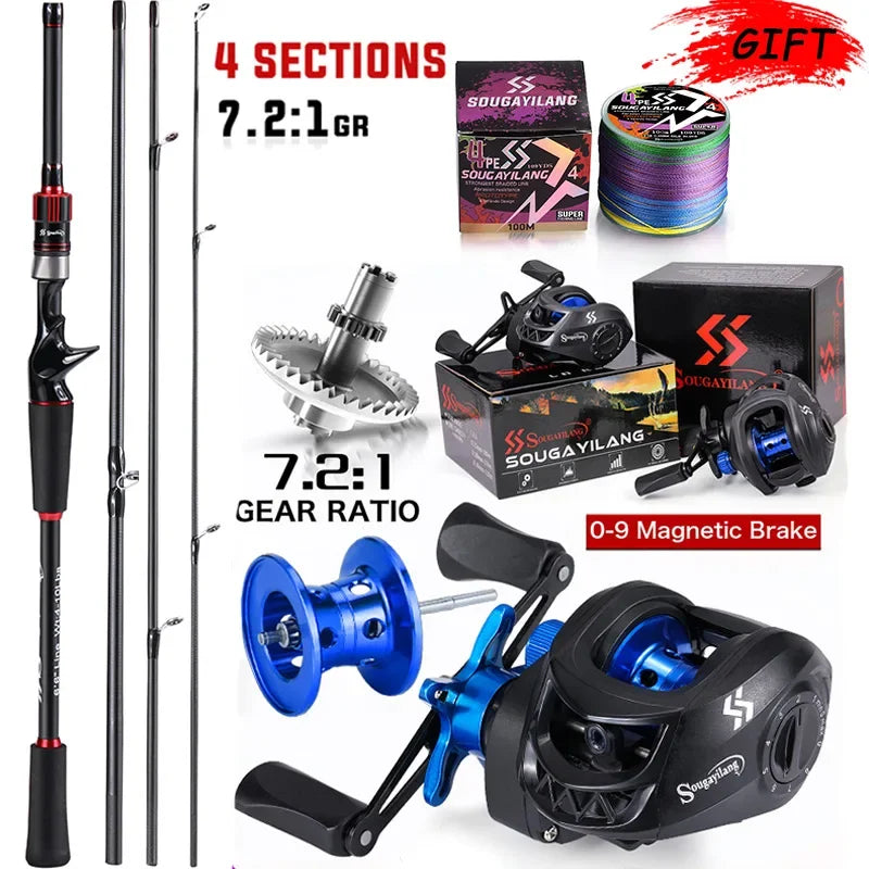 Sougayilang Fishing Rod Reel Combo 1.8 to 2.1 Meter Carbon Fiber Casting Rod and 7.2 to 1 Gear Ratio Baitcasting Reel Max Drag 10 Kilograms for Bass Fishing