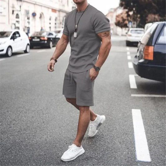 Solid Color Europe and The United States Men's 13 Color Summer New Short Sleeve Tshirt +Shorts 2pcs Set Leisure Sports Men Suit