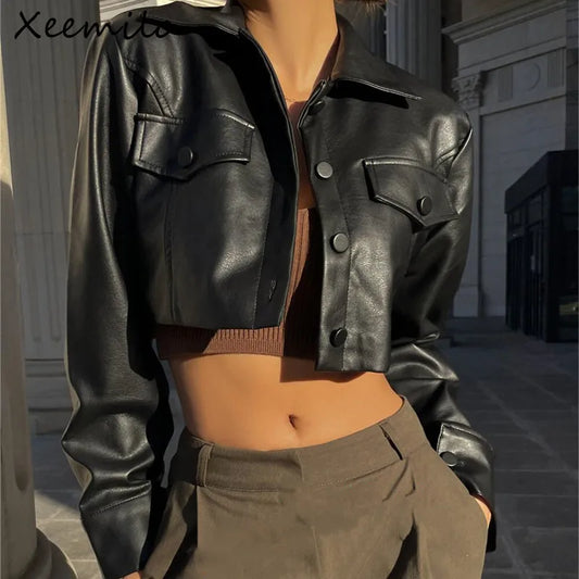 Xeemilo Autumn Faux Leather Short Jacket Y2K Turn Down Collar Fashion Button Decoration PU Coat 2022 Grunge Street Casual Coats