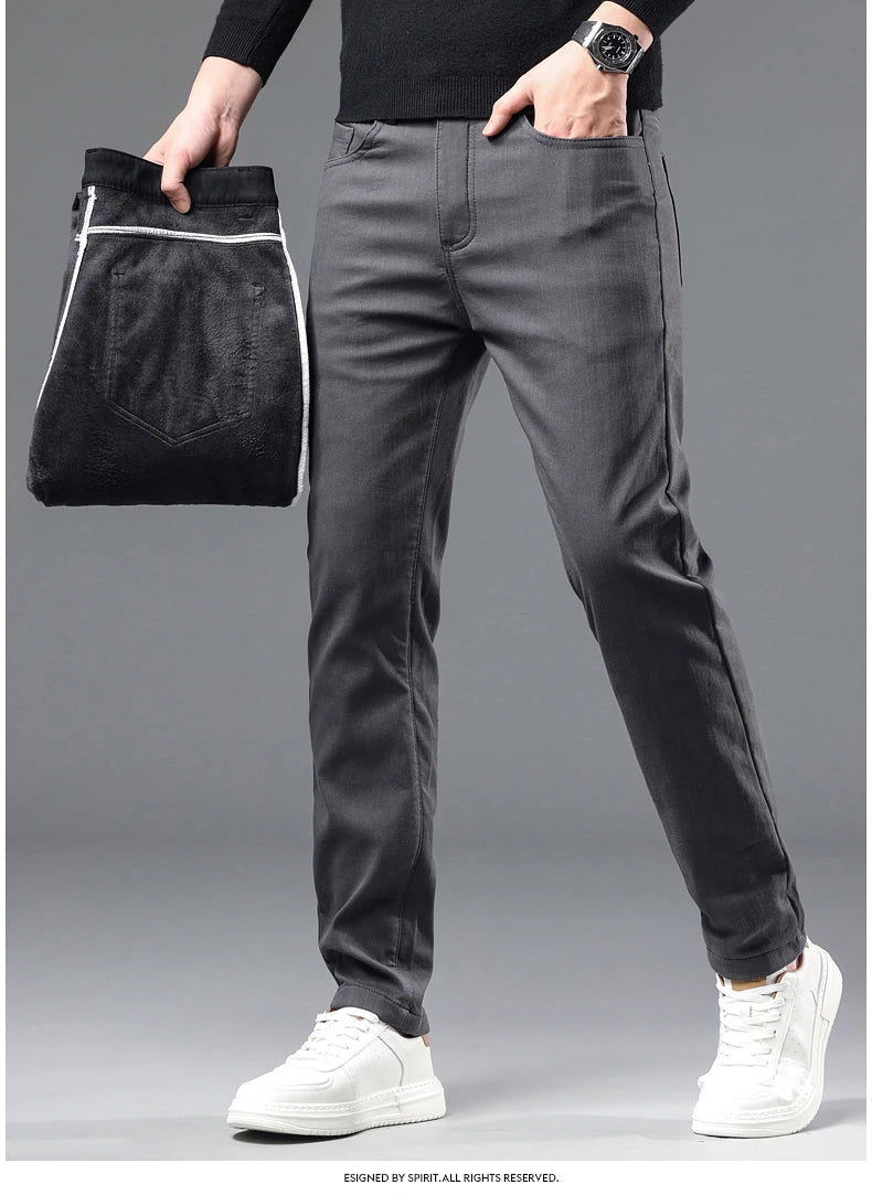 Winter New 2025 Fleece Pants Men's Thick Slim Elastic Business Casual Velvet Pants Warm Fashion Solid Color Plush Trousers Male