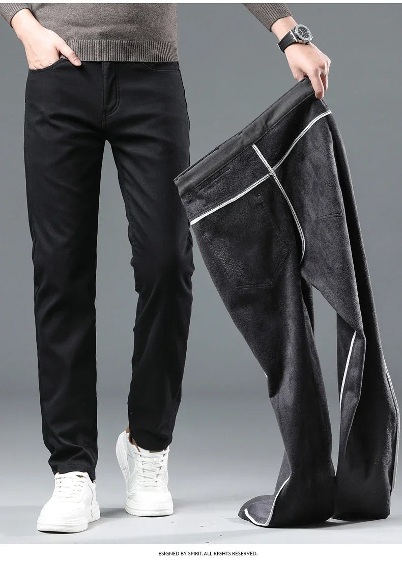 Winter New 2025 Fleece Pants Men's Thick Slim Elastic Business Casual Velvet Pants Warm Fashion Solid Color Plush Trousers Male