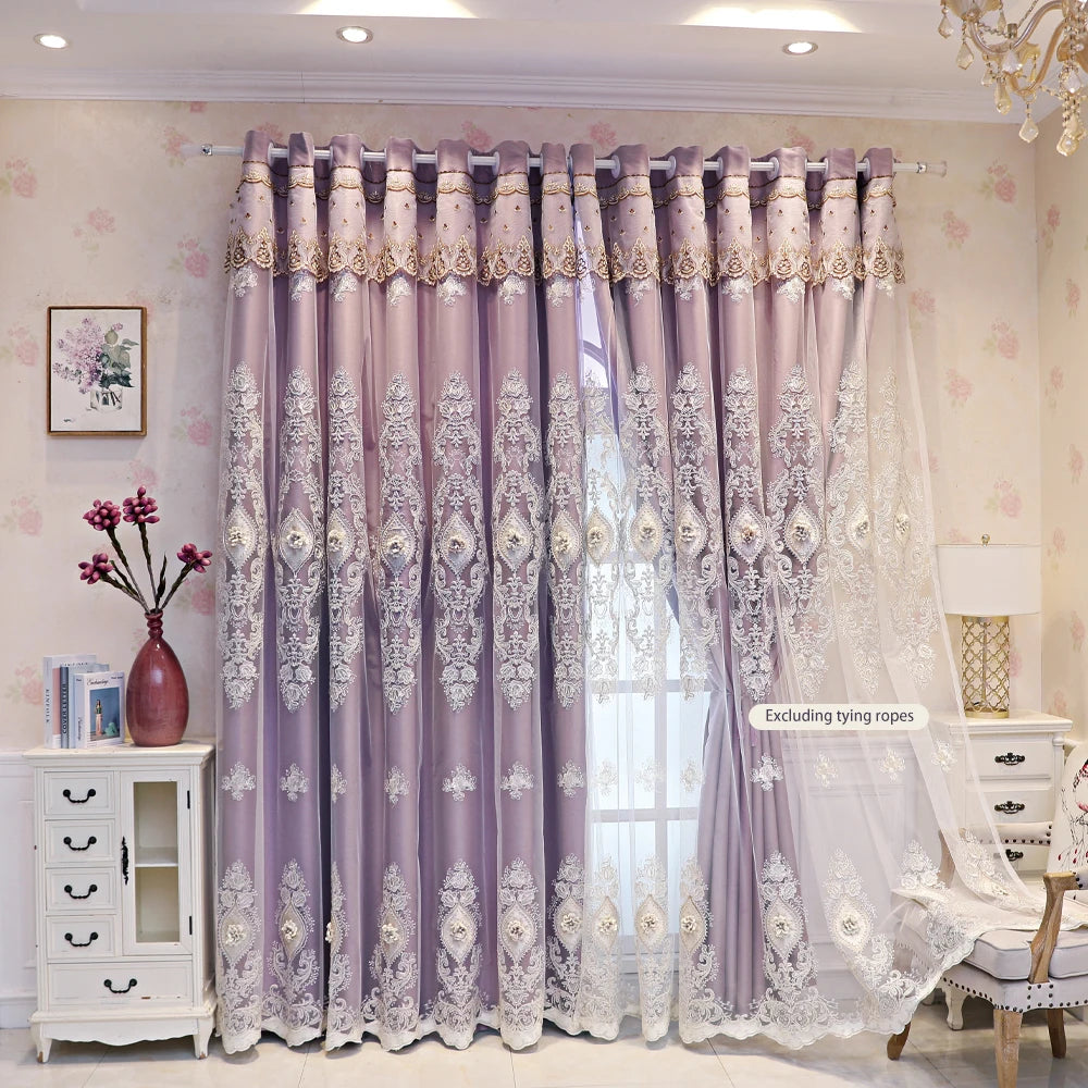 1PC Curtains,Luxury vintage-style embroidered curtains with 3D relief patterns, dual-layer design for privacy and light control