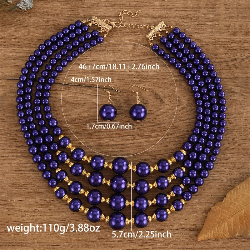 Multi-layer Bridal Wedding Jewelry Sets Women Blue Plastic Beads Necklace Earrings Set African Beads Jewelry Set Gifts