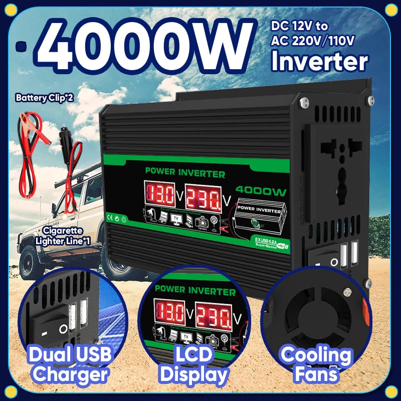 4000W DC 12V To AC 110V 220V Dual USB LCD Display Solar Inverter Portable Power Bank Car Converter For Camping RV