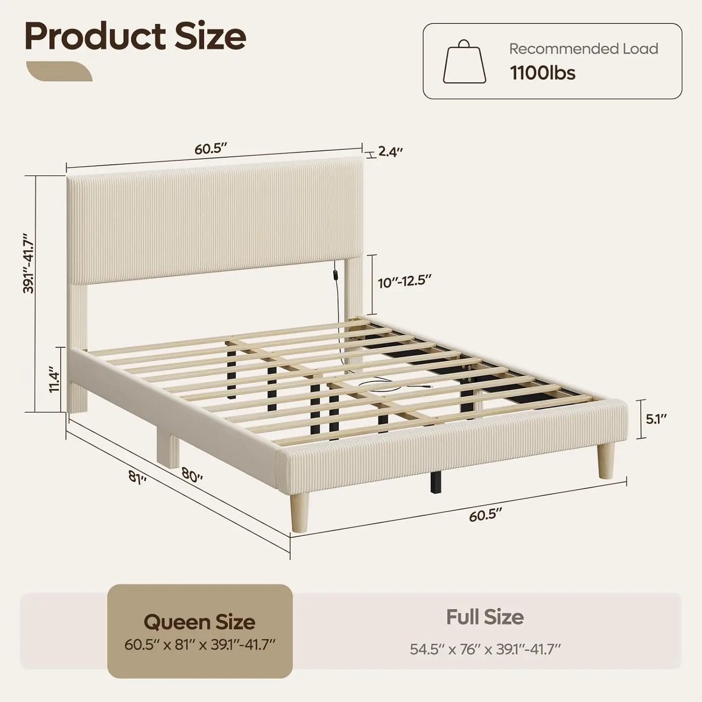 Bestier Queen Bed Frame with Adjustable Headboard, LED Lighting, Vertical Channel Tufted Corduroy Upholstered, Solid Wooden Slat