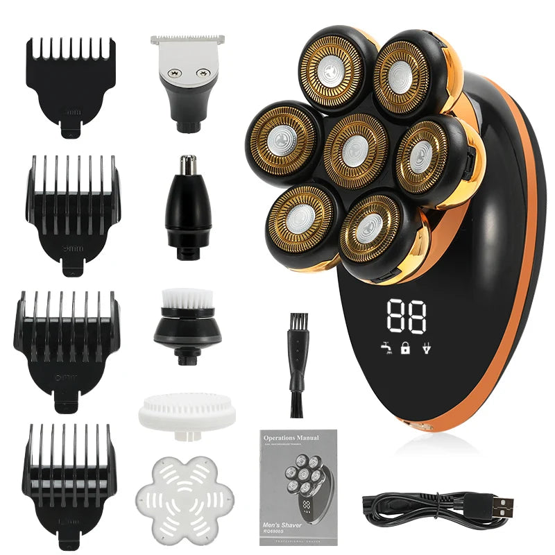 Men 7D Floating Electric Shaver Wet Dry Beard Hair Trimmer Rechargeable Bald Head Razor with LCD Display