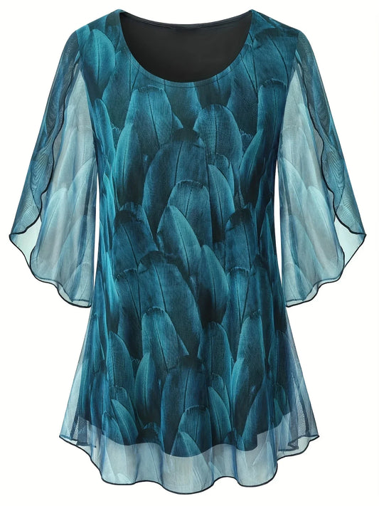 Women's Plus Size 1XL to 5XL Fashion Loose Elegant Print Blouse Casual O Neck Half Sleeve Boho Shirt Top