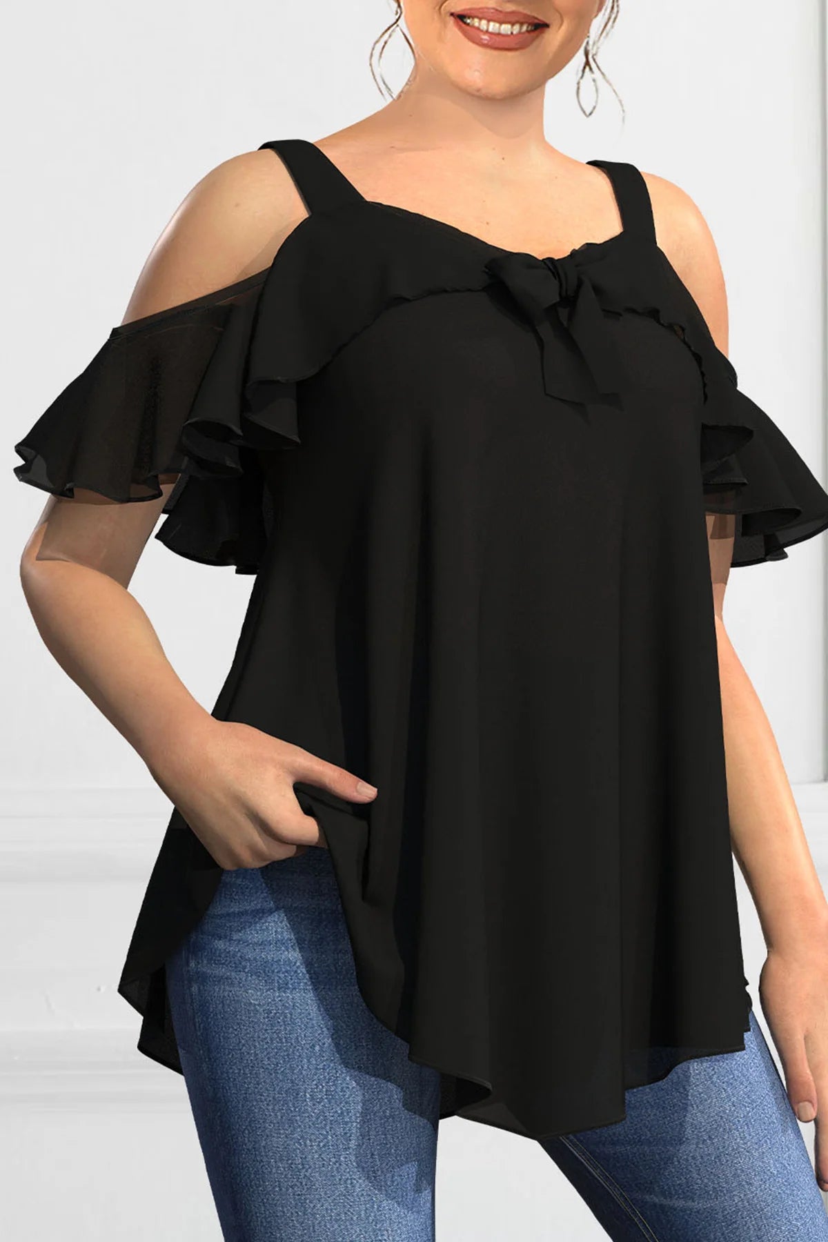 Plus Size Blouse for Women Elegant Cold Shoulder Ruffle Tops Loose Fit Solid Color Blusas 0XL to 5XL