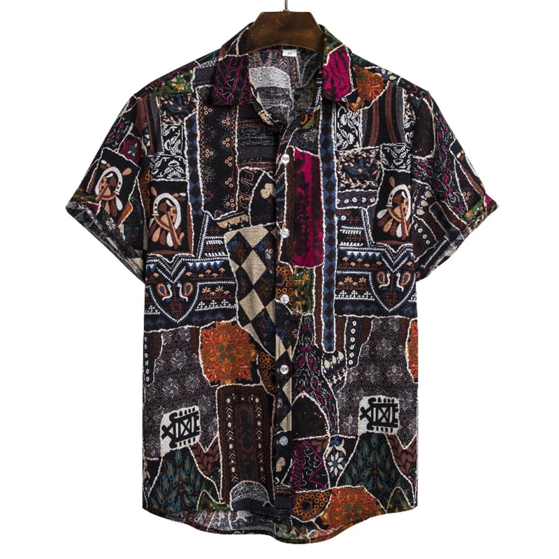 Men's Cotton Polyester Summer Short Sleeve Shirt Boho Geometric Pattern Hawaiian Beach Male Shirts Casual Blouse For Men