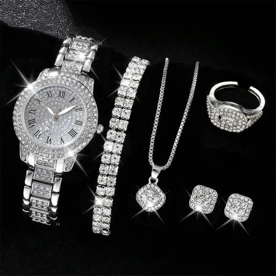 6PCS Women Luxury Elegant Alloy Watch Crystal Wristwatch for Ladies Gift Quartz Rhinestone Bracelet