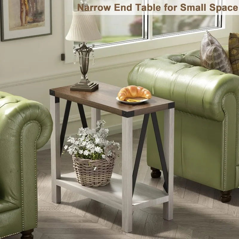 Farmhouse End Table for Small Spaces Narrow Side Table with Storage Shelf Rustic A Design Nightstand Sofa Table