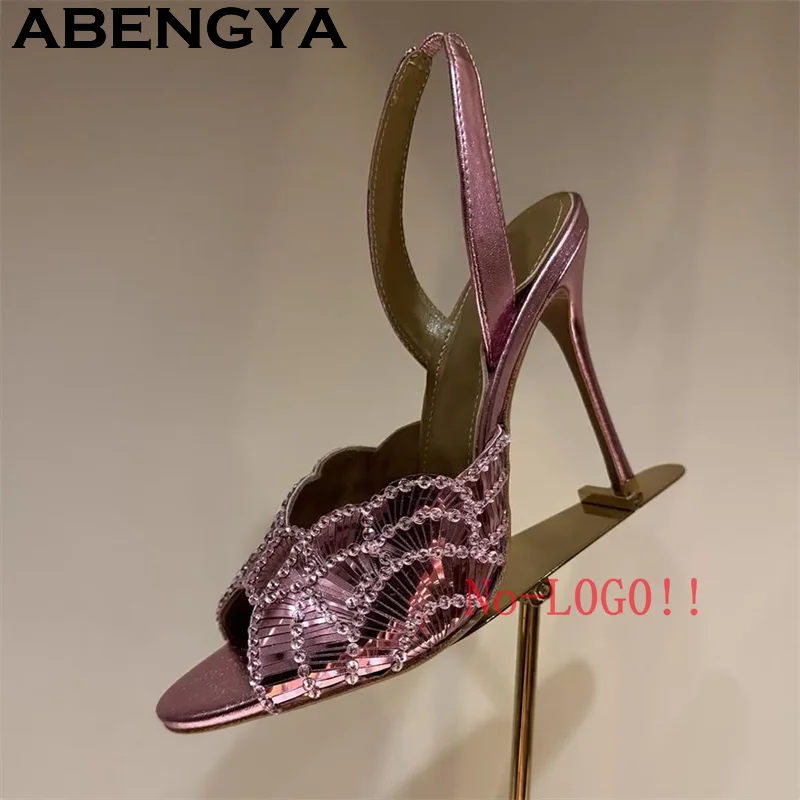 2026 Summer Trendy New Shiny Fish Mouth Toe Sexy Stiletto Sandals Woman Quality Sequined Thin High Heel Slippers for Women Shoes