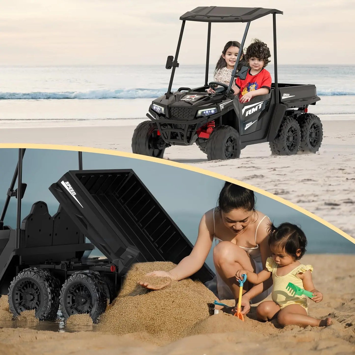 24V Kids Ride On Car Truck 2 Seater Electric Vehicle with Sun Shade Dump Bed and Shovel 4WD for Ages 3 to 12