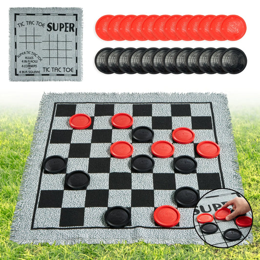 3-in-1 Vintage Giant Checkers Toy for Kids, Tic, Tac, Toe, Game with Reversible Mat, 24 Chips, Family Board Games(Grey)