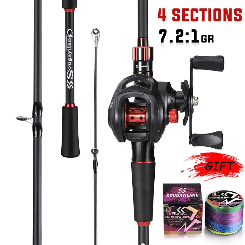 Sougayilang Fishing Rod Reel Combo 1.8 to 2.1 Meter Carbon Fiber Casting Rod and 7.2 to 1 Gear Ratio Baitcasting Reel Max Drag 10 Kilograms for Bass Fishing