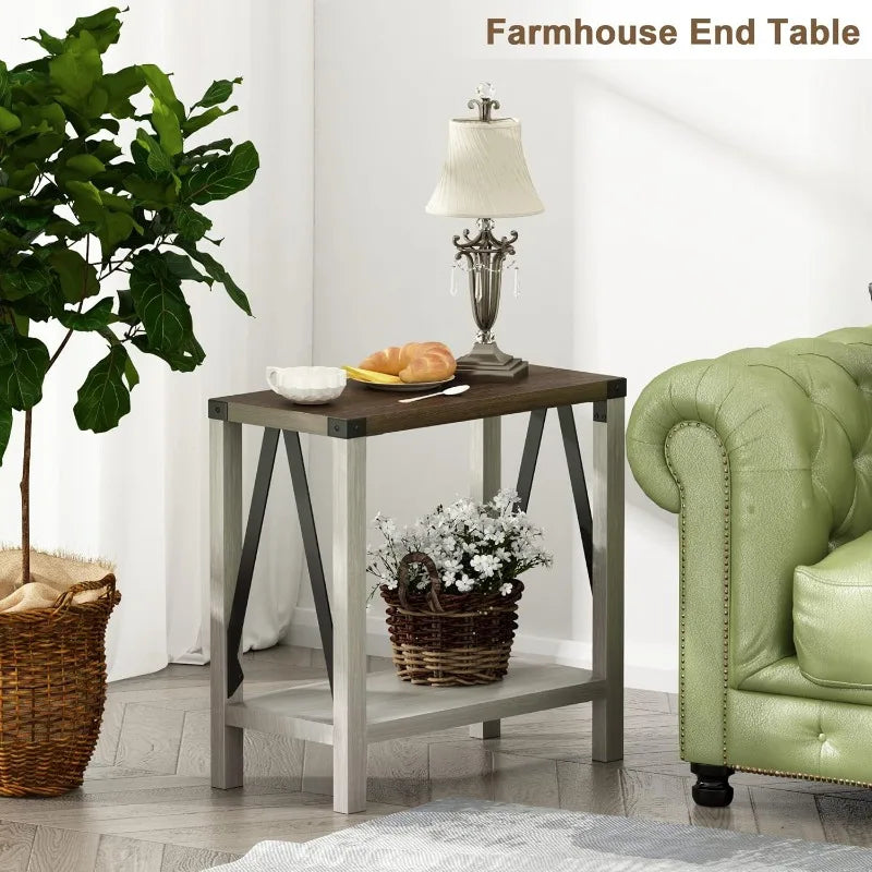 Farmhouse End Table for Small Spaces Narrow Side Table with Storage Shelf Rustic A Design Nightstand Sofa Table