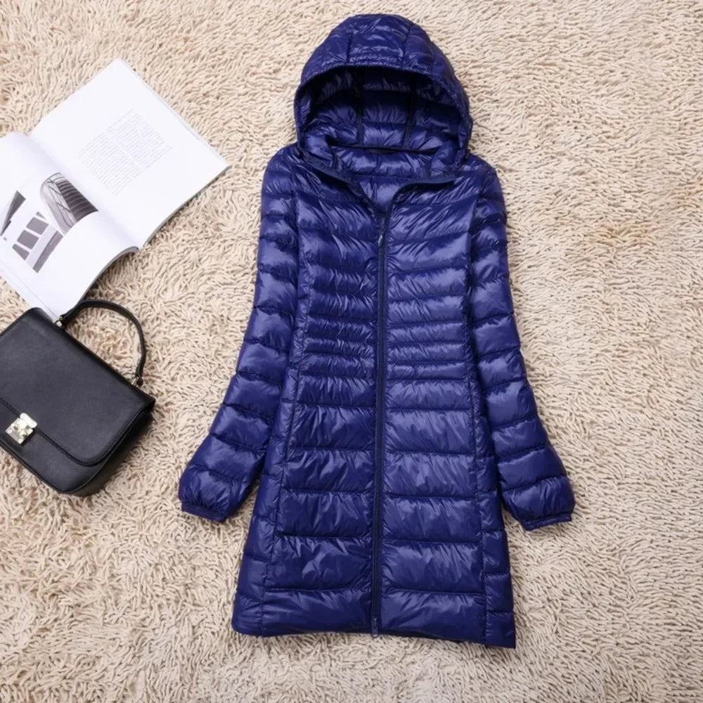 Plus Size White Duck Down Jacket Lightweight Down Coat for Women Hooded Long Winter Wear