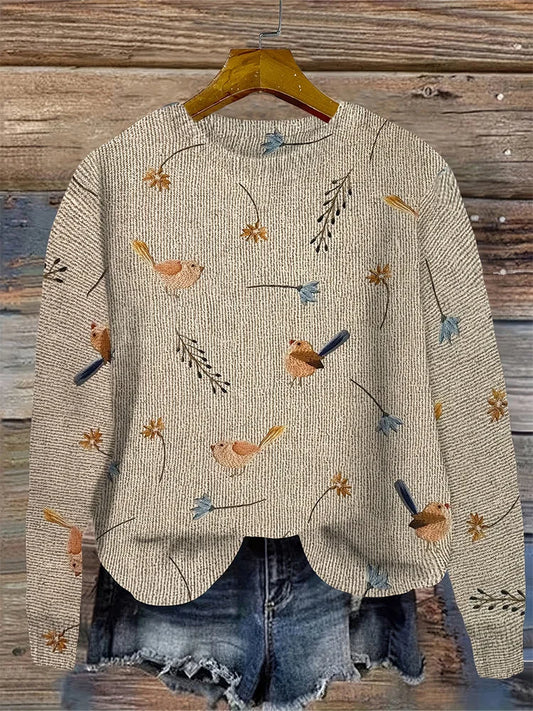 Plus Size Bird Print Round Neck Pullover Sweater Elegant Long Sleeve Autumn Spring Women's Fashion 2024