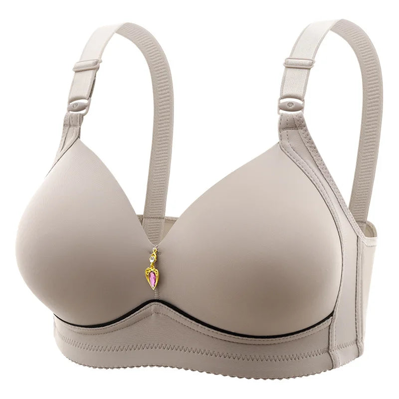 Lady's Plus Size Non Wired Comfortable Breathable Clustering Bra with Thin Cup Glossy Surface Underwear