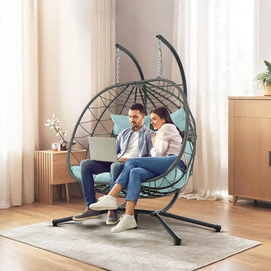 Double Egg Swing Chair with Stand, 2 Person Outdoor Indoor Hammock Hanging Chair with Cushion,Patio Wicker Hanging, Customized