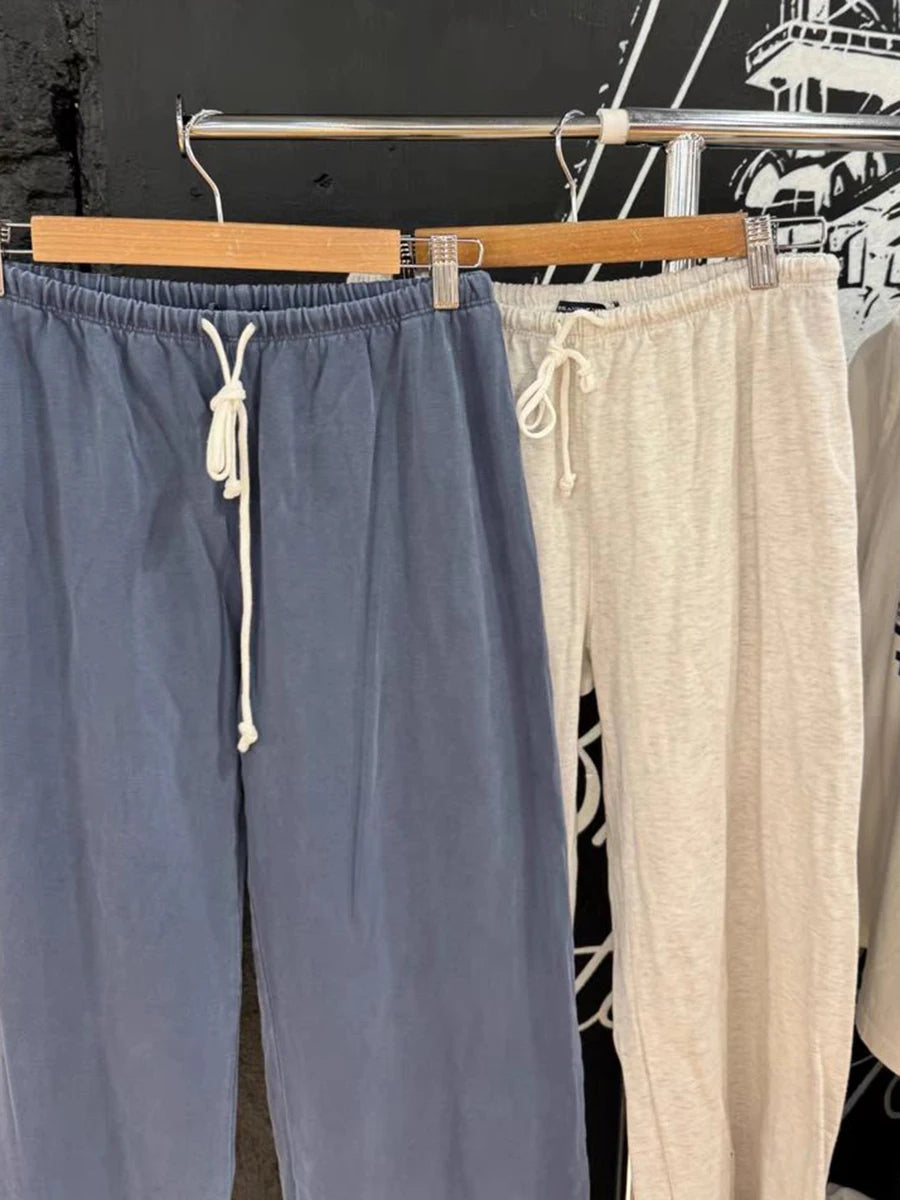 Solid Drawstring Straight Sweatpants for Women High Waist Autumn Casual Cotton Trousers