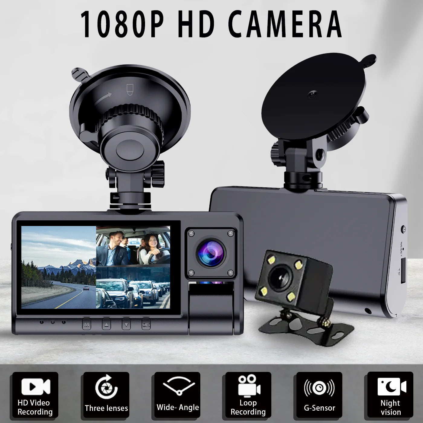 3 Channel Full HD Car Dash Cam with Night Vision Loop Recording and Motion Detection