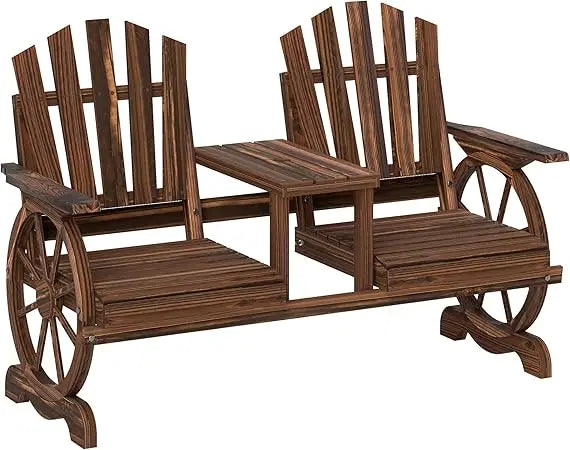Wooden Garden Bench with Table and Umbrella Hole 2-Seat Wagon Wheel Outdoor Bench with Slatted Seat High Backrest and Armrests