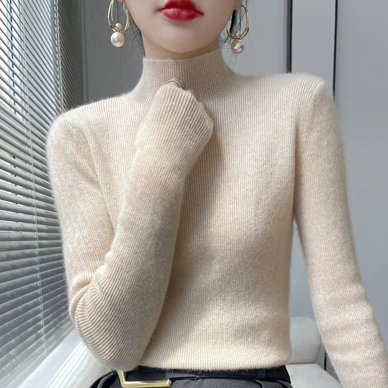 Autumn Winter Women Sweater Slim Fit High Strecth Pullovers  Long Sleeve Inner Wear Mock Neck Knitted Tops Korean Fashion Jumper