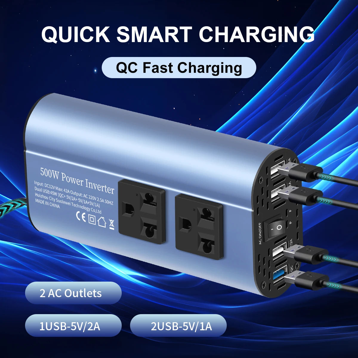 500W Modified Wave Inverter Portable Multi USB Interface DC 12V to AC 220V 50Hz