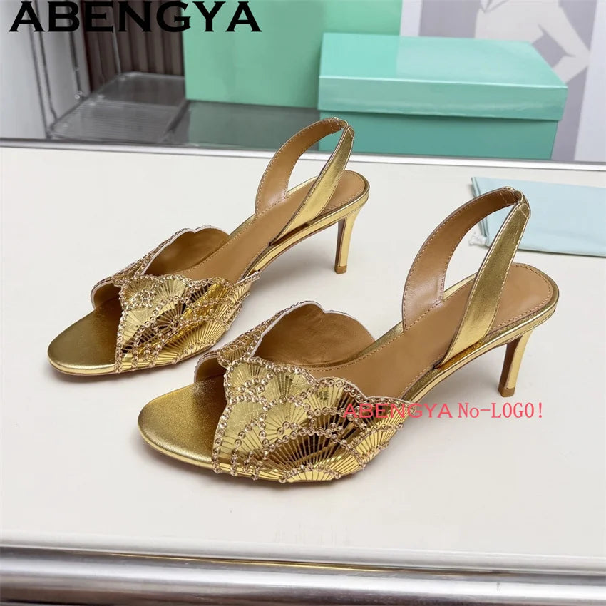 2026 Summer Trendy New Shiny Fish Mouth Toe Sexy Stiletto Sandals Woman Quality Sequined Thin High Heel Slippers for Women Shoes