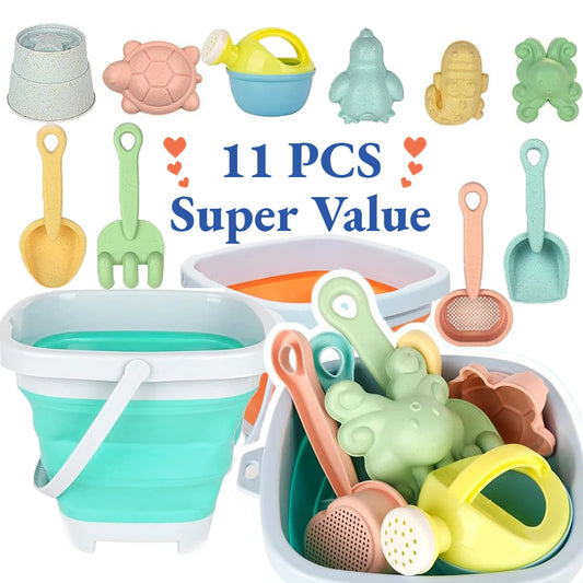 11 Pcs Beach Toys Set Gift Package Sand Toys for Kids Sandbox Toys with Collapsible Bucket Shovel Set Sand Molds Summer Outdoor Fun